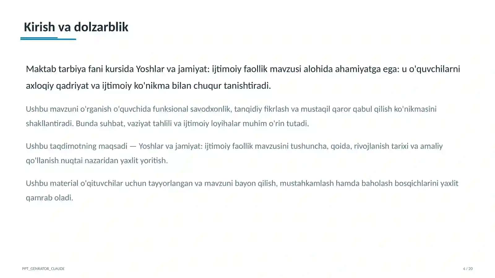Yoshlar va jamiyat: ijtimoiy faollik (10-sinf) Tarbiya fani (1– 11) — o'qituvchilar uchun 4