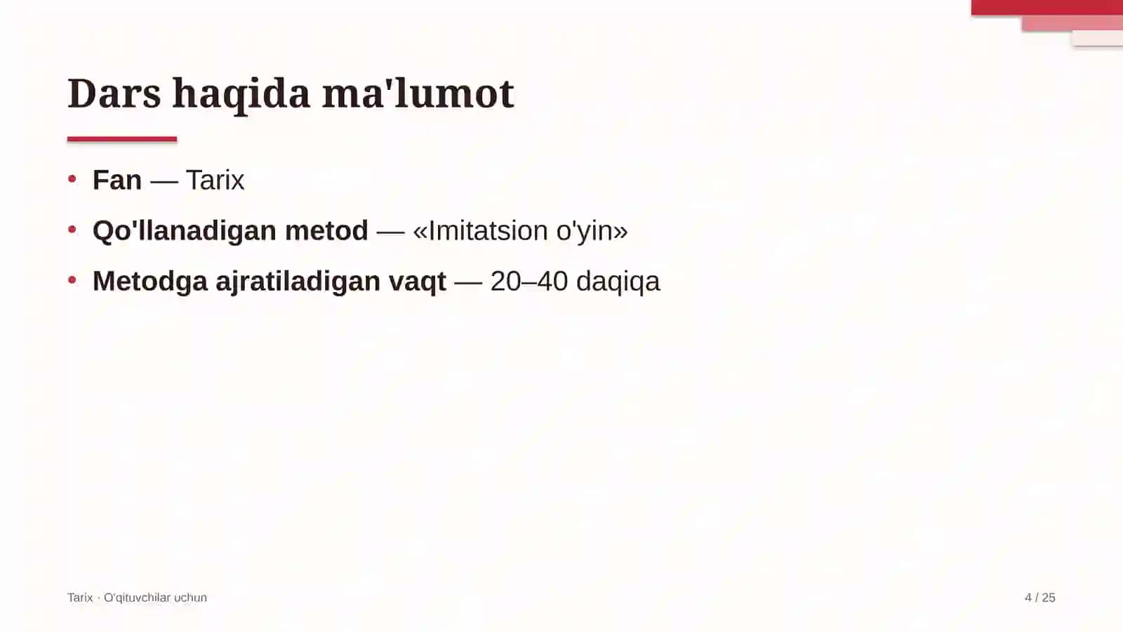tarix darslarida imitatsion o'yin metodidan foydalanish 4829 4