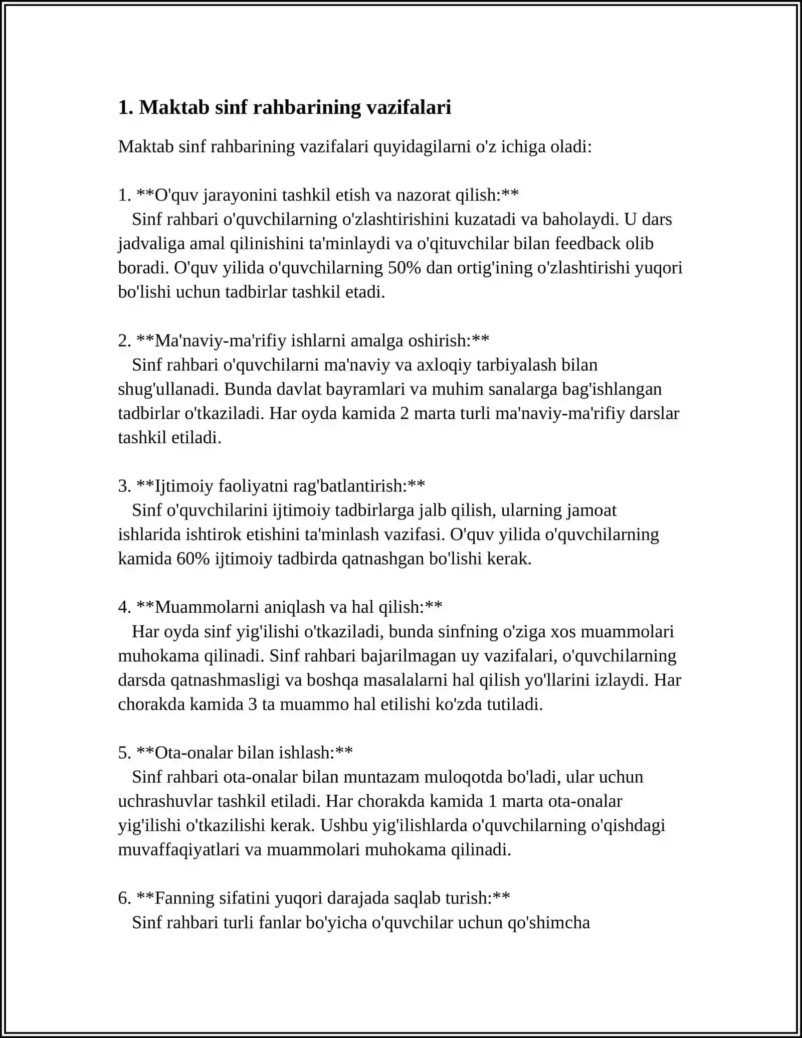 SINF RAHBARINING SINF JAMOASINI JIPSLASHTIRISHDA MAKTAB JAMOAT TASHKILOTLARI BILAN OLIB BORILADIGAN ISHLAR BO'YICHA MA'LUMOTLAR 4