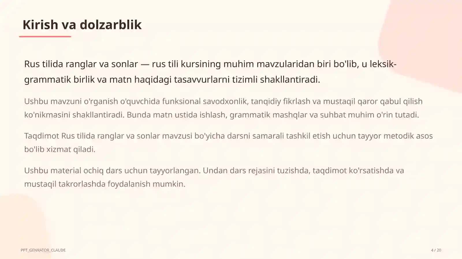 Rus tilida ranglar va sonlar (2-sinf) 4