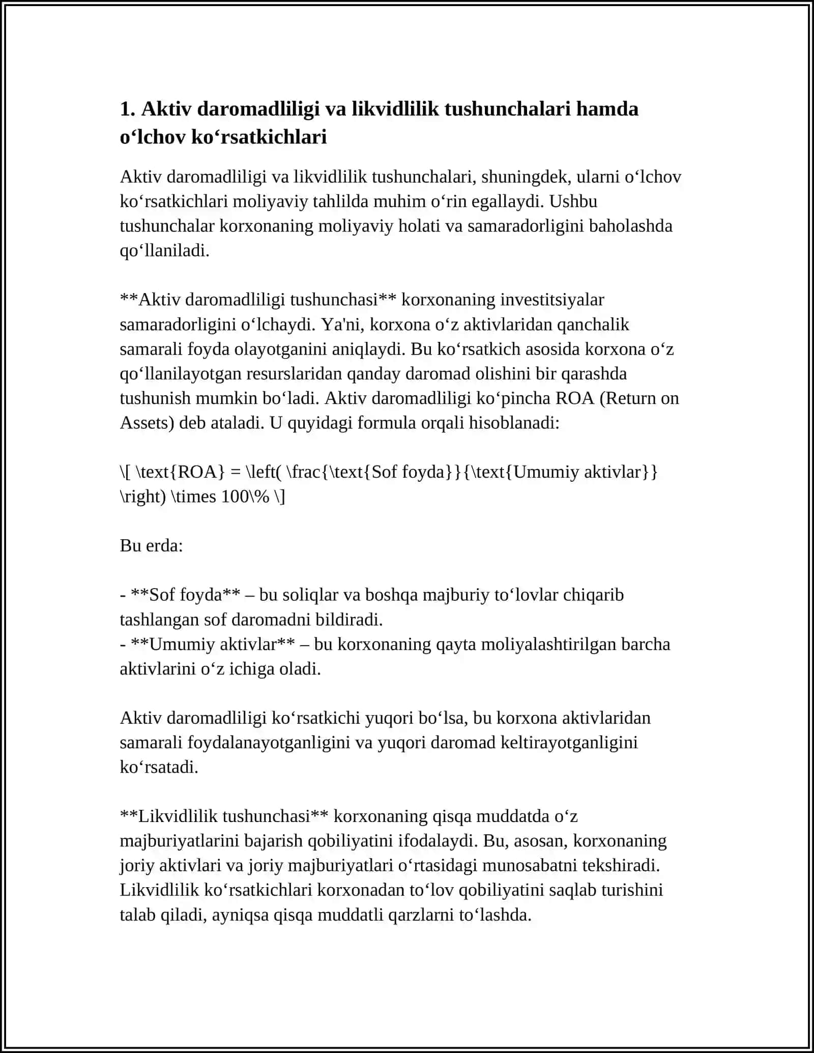 O‘ZBEKISTON RESPUBLIKASI TIJORAT BANKLARI AKTIVLARINI DAROMADLILIGI VA LIKVIDLILIGI OʻRTASIDAGI MUTANOSIBLIKNI TAʼMINLASH 4