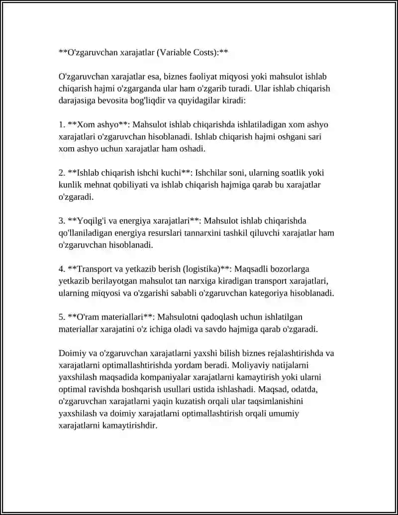 Xarajat turlari: Doimiy va o'zgaruvchan xarajatlar 4