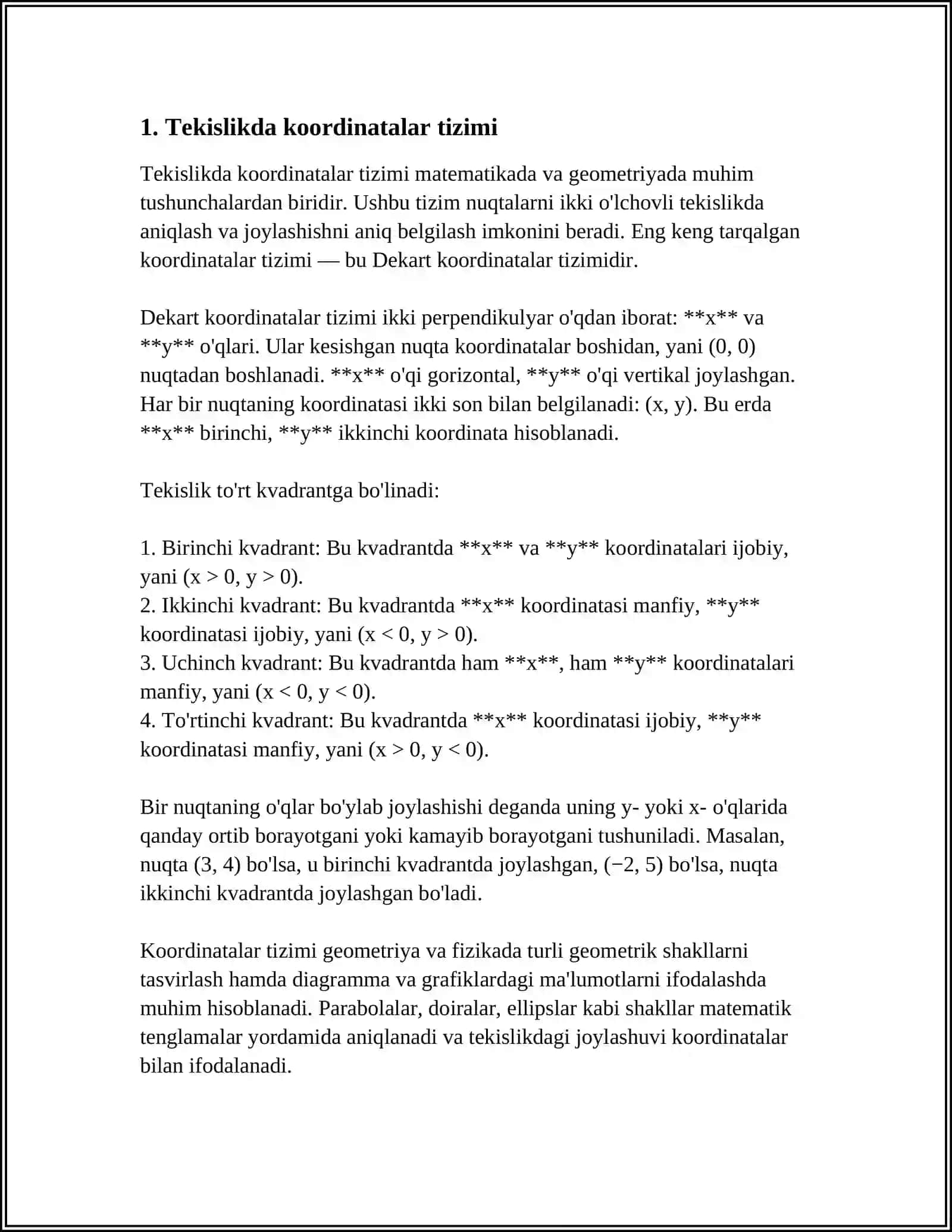 TEKISLIKDA VA FAZODA DEKORT KORDINATALAR SISTEMASI. KESMANI BERILGAN NISBATDA BOʻLISH UCHBURCHAK YUZINI VA OGʻIRLIK MARKAZINI TOPISH 4