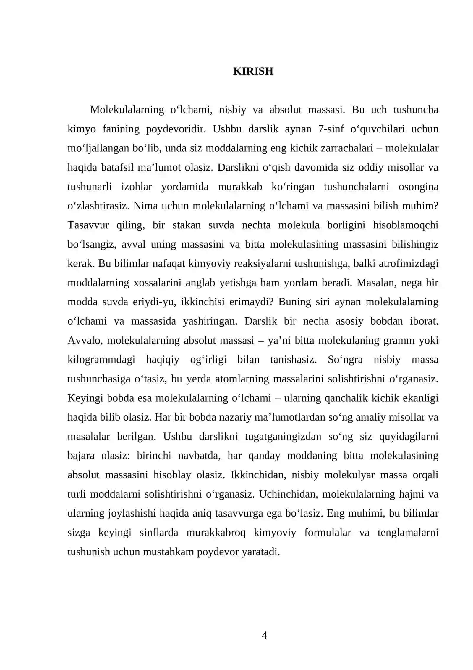 MOLEKULALARNING O‘LCHAMI, NISBIY VA ABSOLUT MASSASI. 7 - SINF 4