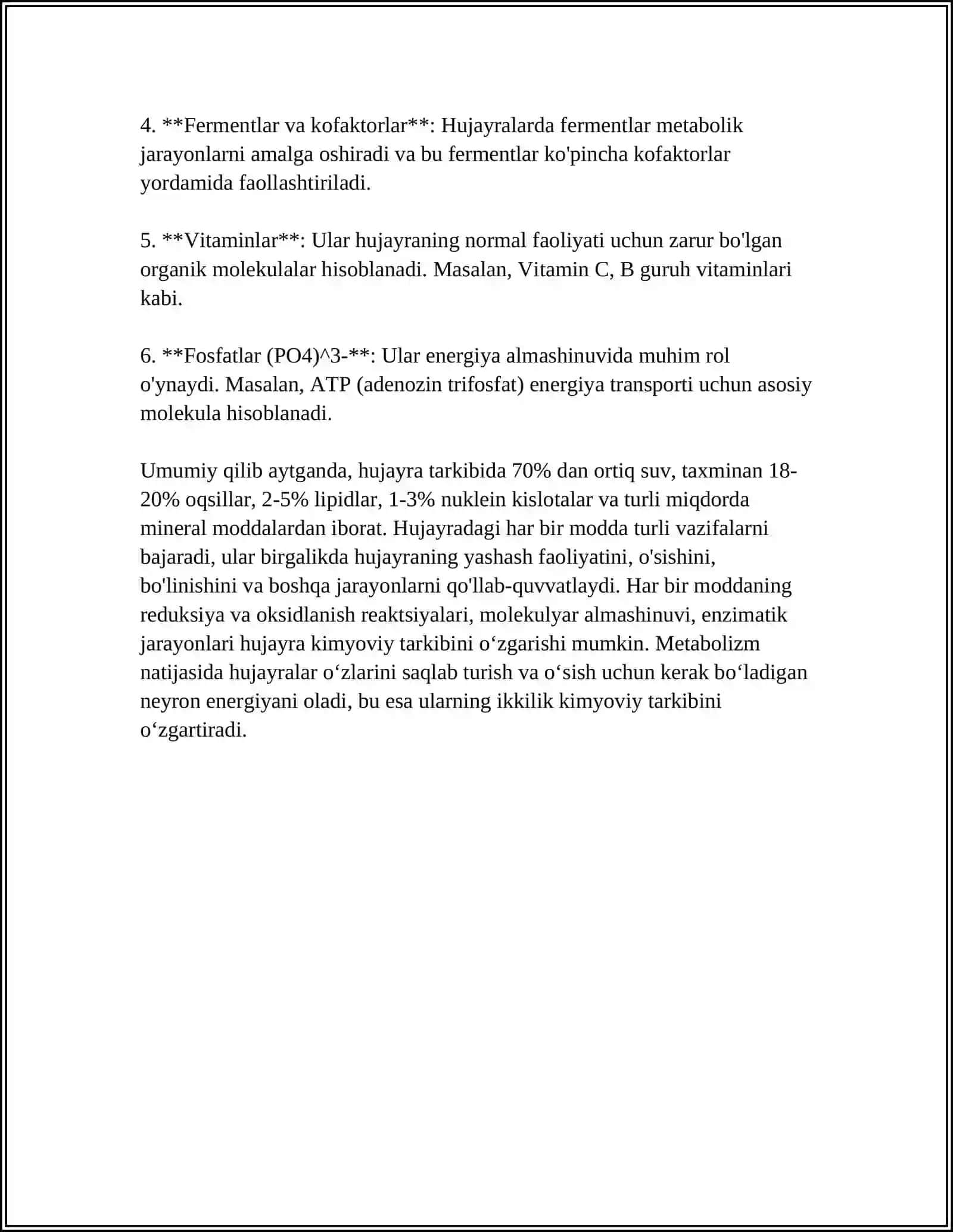 HUJAYRANING KIMYOVIY TARKIBI.ASOSIY ZAHIRA MODDALAR VA ULARNING ALMASHINUVDAGI VAZIFASI 4