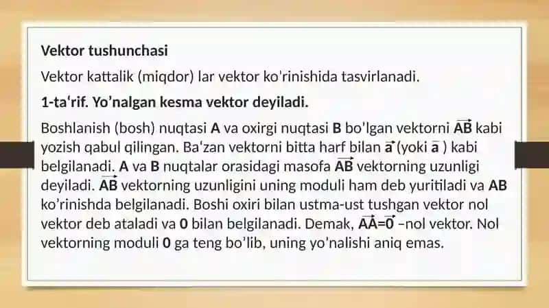 Vektorlar va ular ustida chiziqli amallar. Vektorning o‘qdagi proyeksiyasi, Vektorning basis bo‘yicha yoyish. Vektor uzunligi. Vektorni songa ko‘paytirish. Vektorning yo‘naltiruvchi kosinuslari. 4