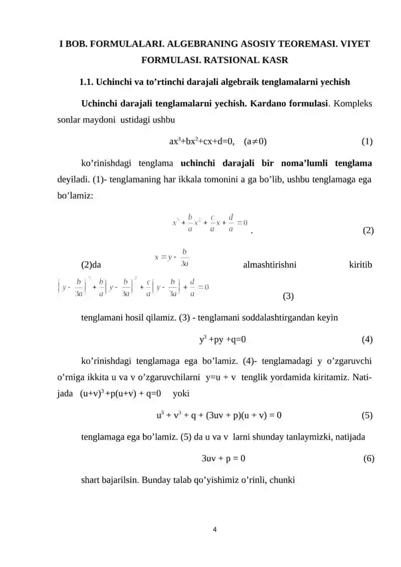 Uchinchi va To’rtinchi Darajali Algebraik Tenglamalarni Yechish 4