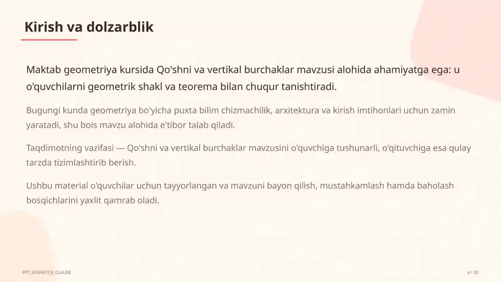 Qo'shni va vertikal burchaklar (7-sinf) 4