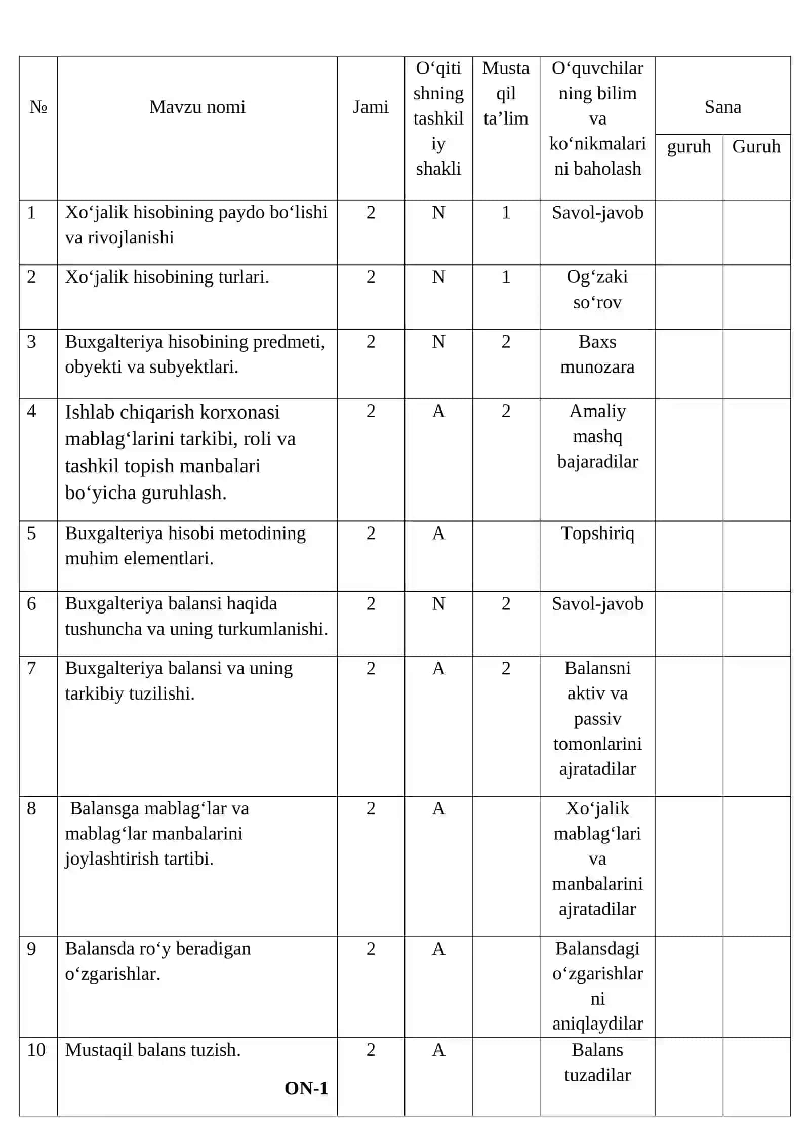 BUXGALTERIYA HISOBI ASOSLARI fanidan OʻQITISH MATERIALLARI 4
