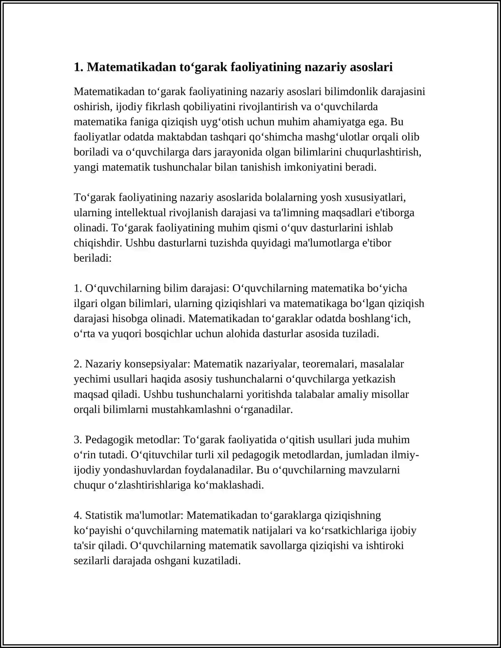 MATEMATIKADAN TOʻGARAK REJASINI TUZISH VA MASHGʻULOTLARNI TAYYORLASH METODIKASI 4