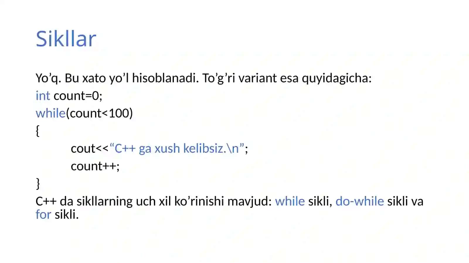 Takrorlanish operatori, while – old shartli va do … while – so’ng shartli takrorlanish operatori 4