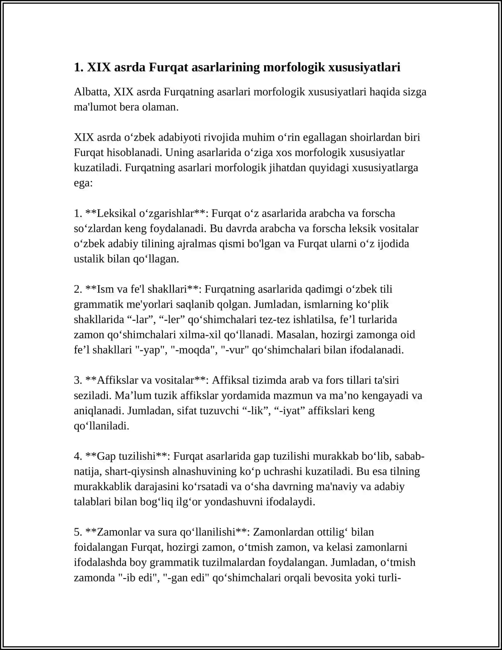 XIX-XX ASRLARDA YARATILGAN ASARLAR TILI MORFOLOGIYASI VA SINTAKSISI (FURQAT, XORAZMIY, A. AVLONIY) 4