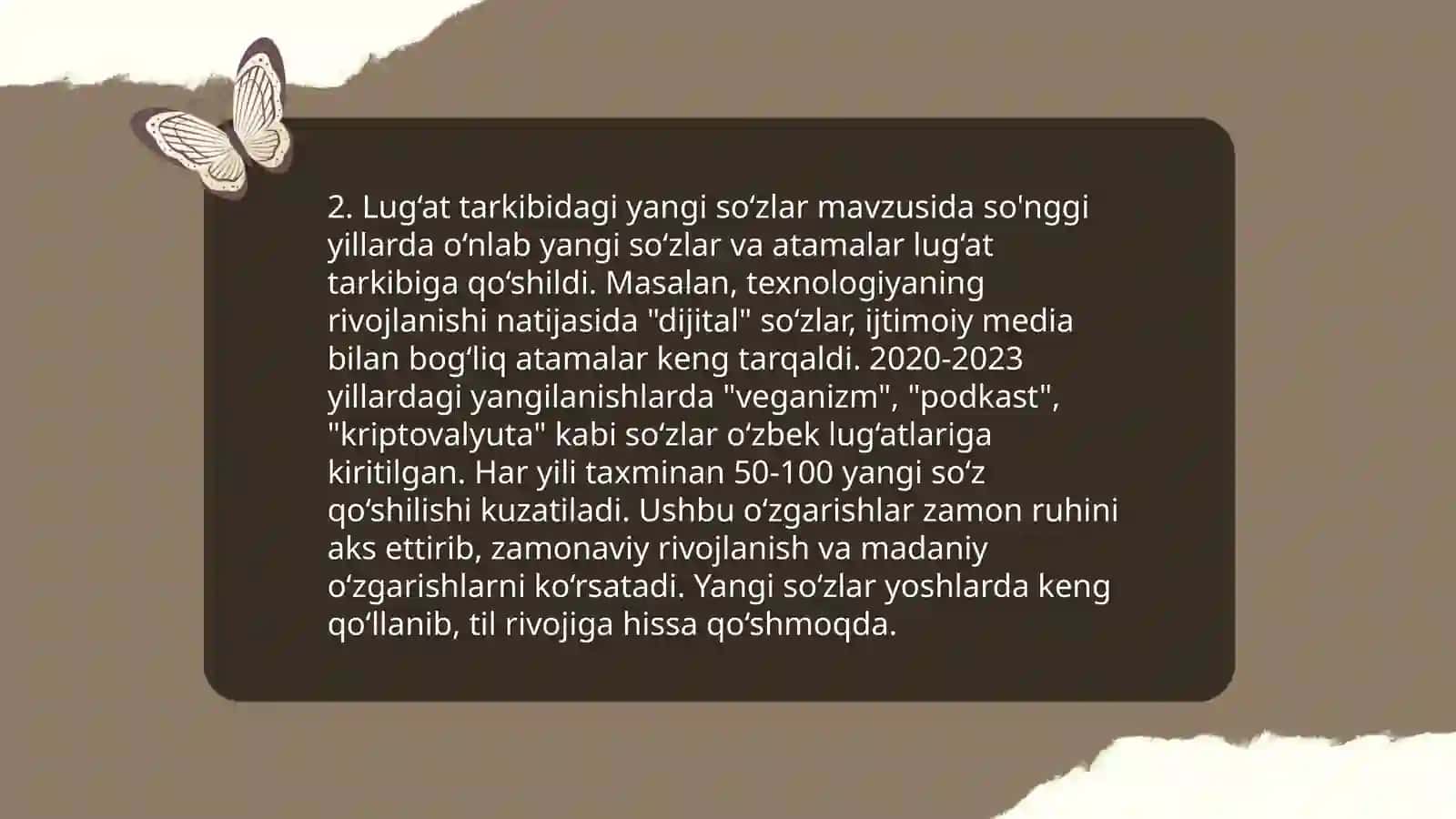 Mustaqillik davrida o‘zbek tili lug‘at tarkibida yuz bergan o‘zgarishlar 4