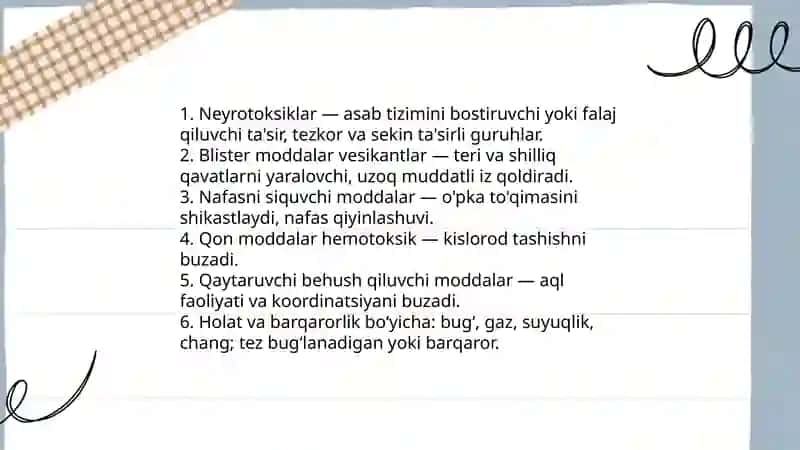 Kimyoviy qurollar Zaxarli moddalarning tasnifi. Kimyoviy vaziyatni baholash 4