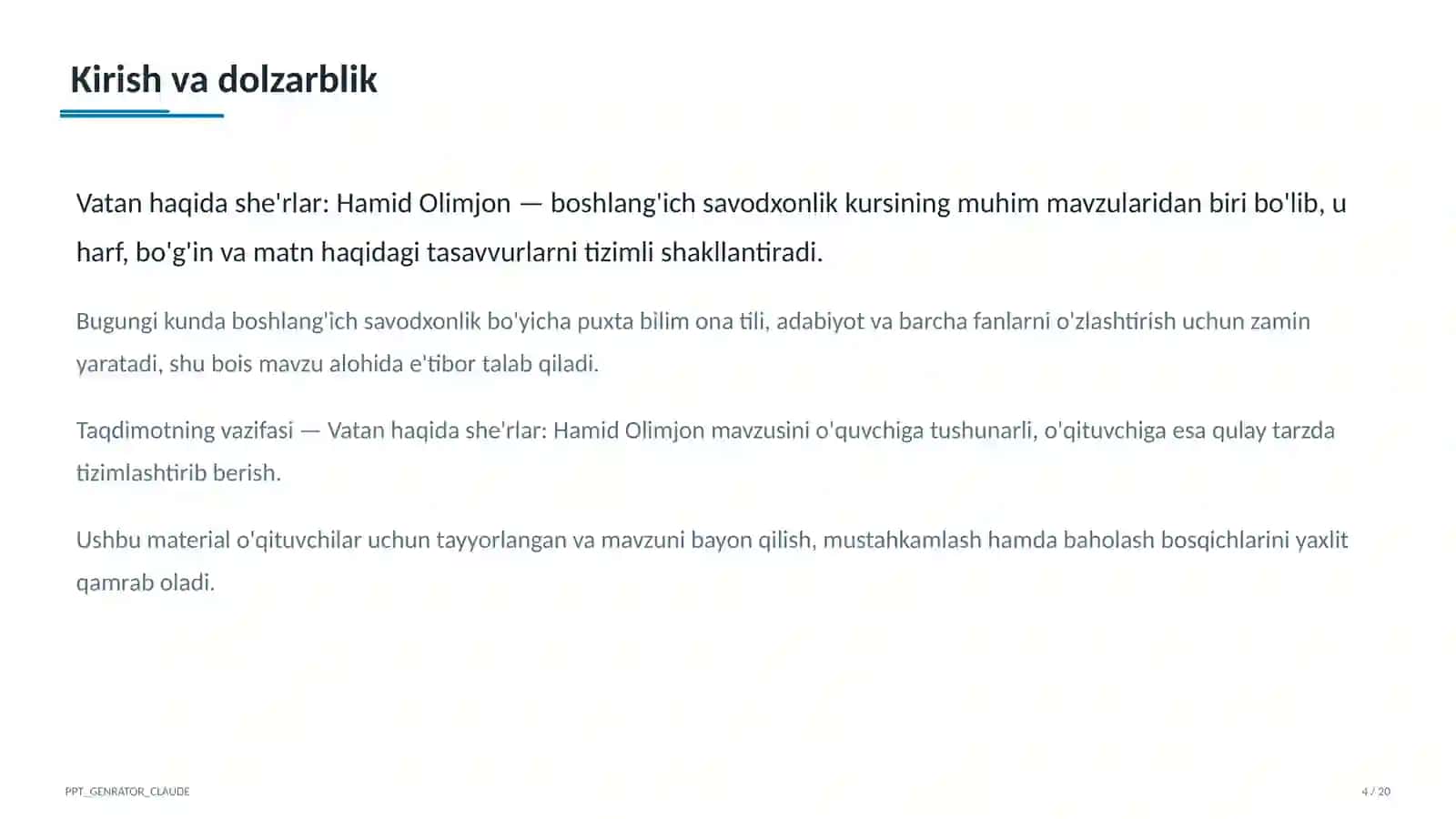 Boshlang'ich sinf: Ona tili va o'qish (1–4) — o'qituvchilar uchun 4