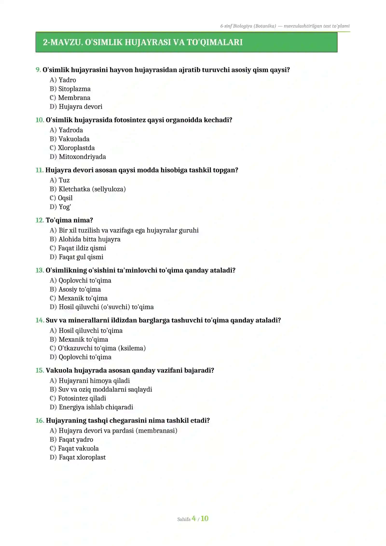 6-SINF BIOLOGIYA (BOTANIKA) — MAVZULASHTIRILGAN TEST TO'PLAMI 2026 (56 savol, javoblari bilan) 4