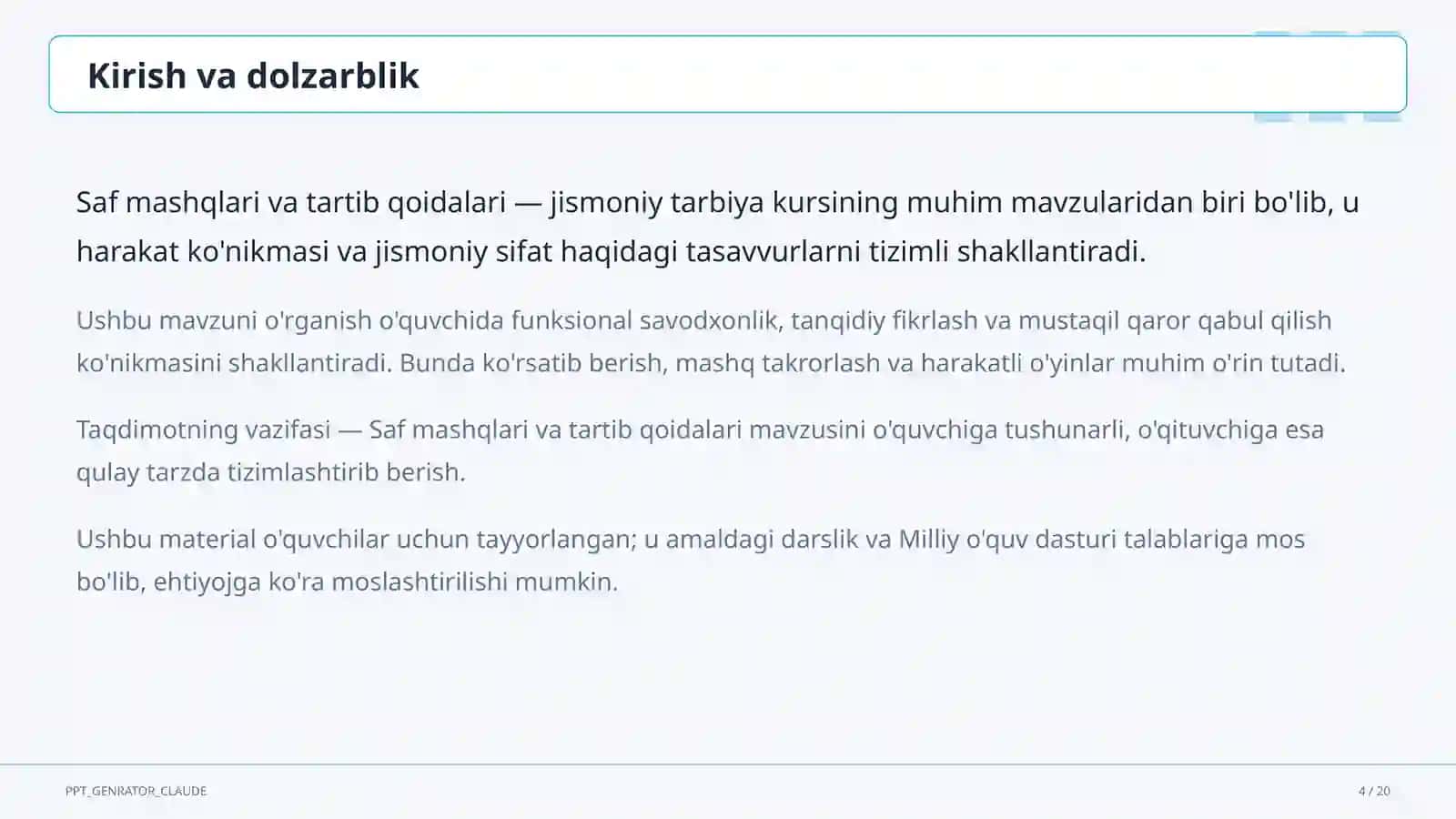 Saf mashqlari va tartib qoidalari (1-sinf) 4