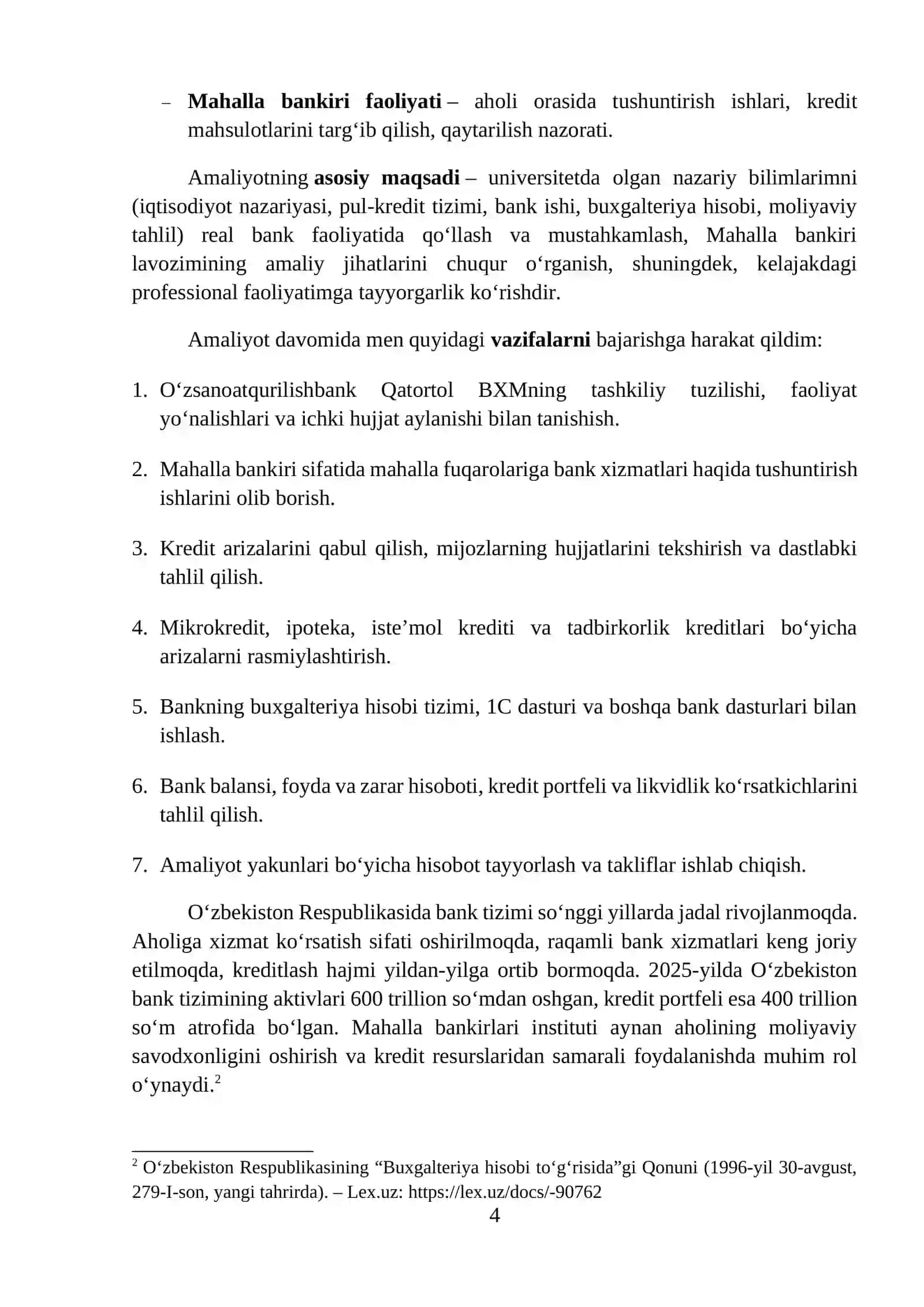 O‘ZSANOATQURILISHBANK. bitiruv malakaviy amaliyot hisoboti 4