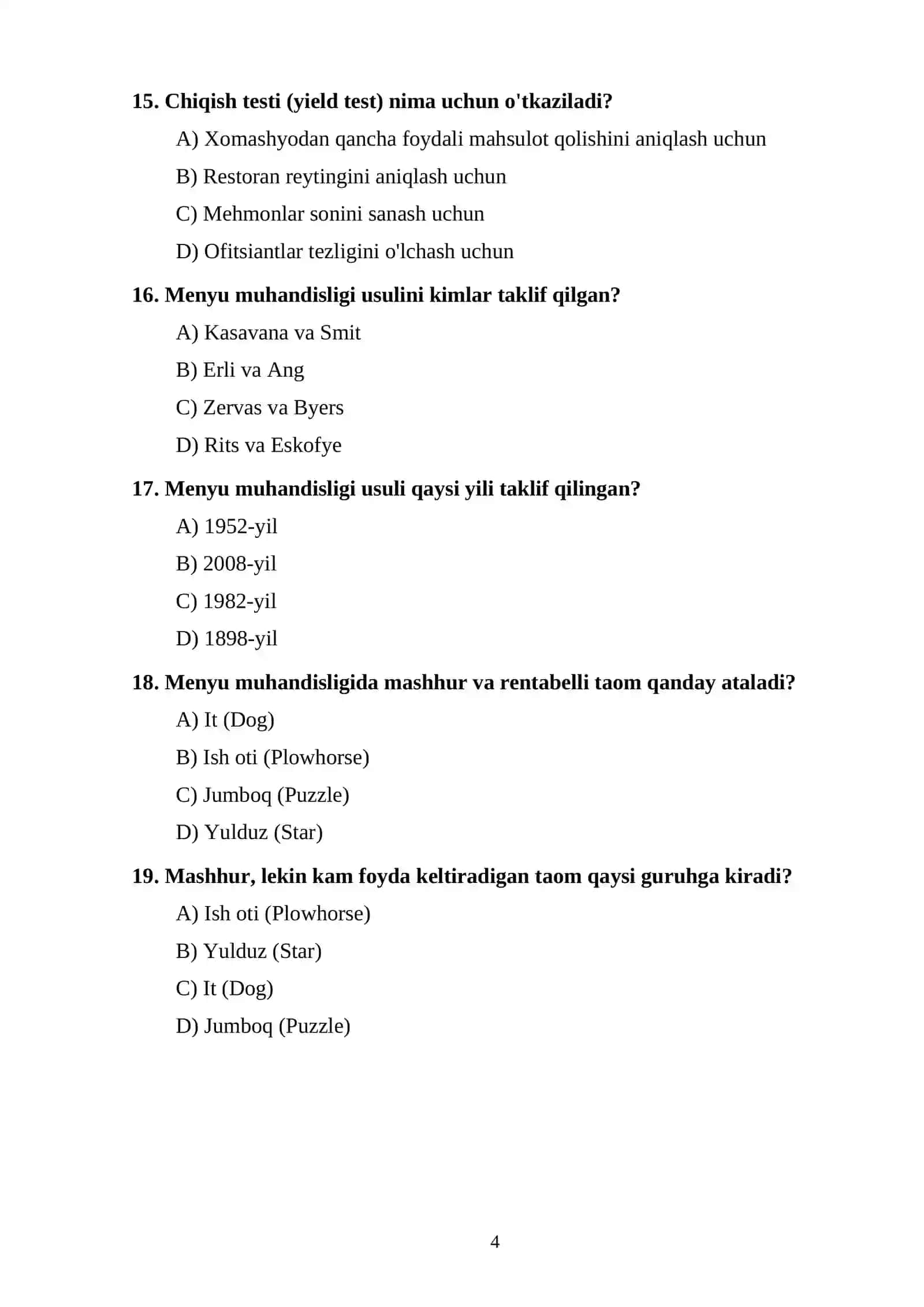 TEST TOPSHIRIQLARI (Xalqaro mehmonxona menejmentida F&B boshqaruvi) 4