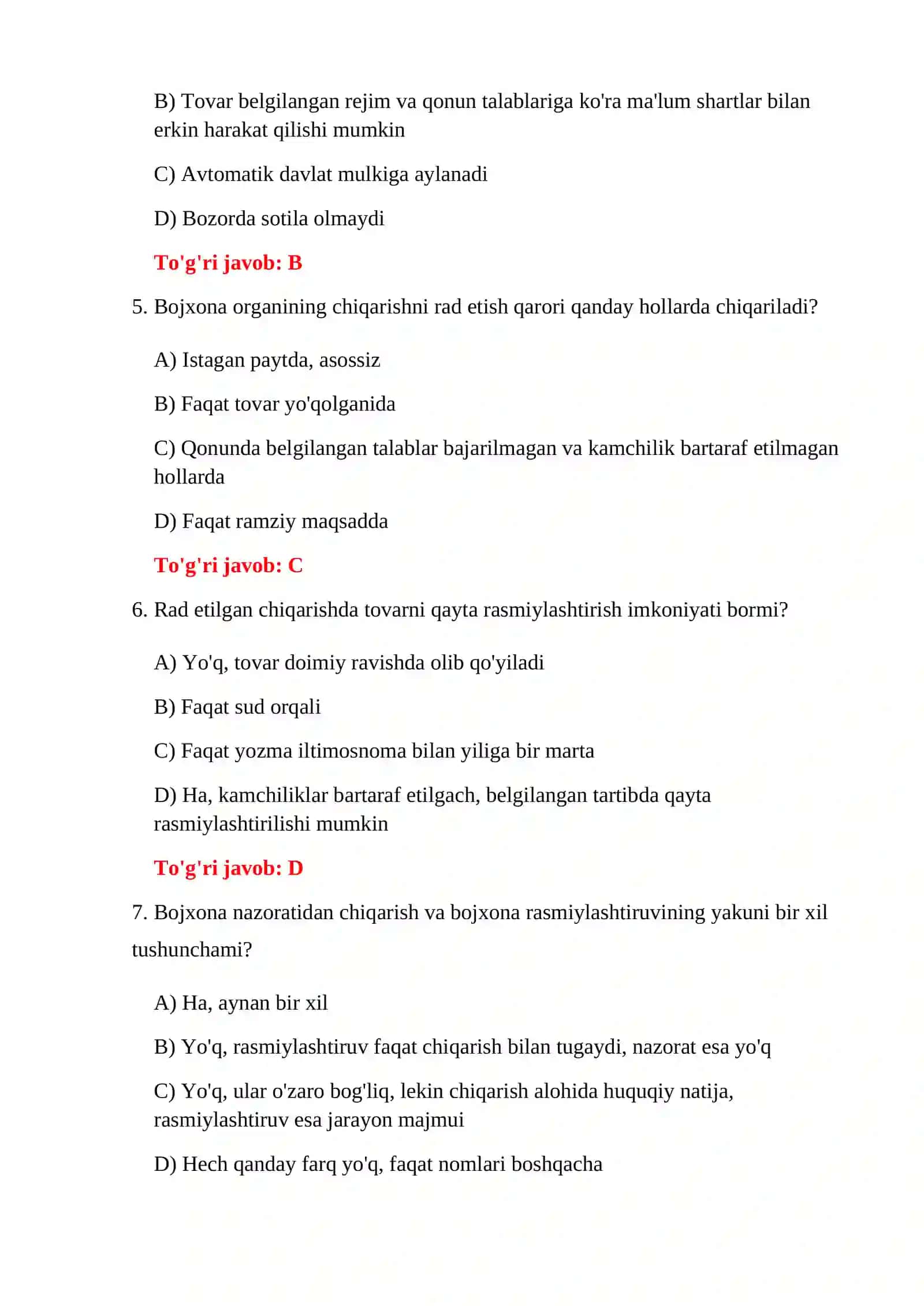 BOJXONA NAZORATI 100 TA TEST 4