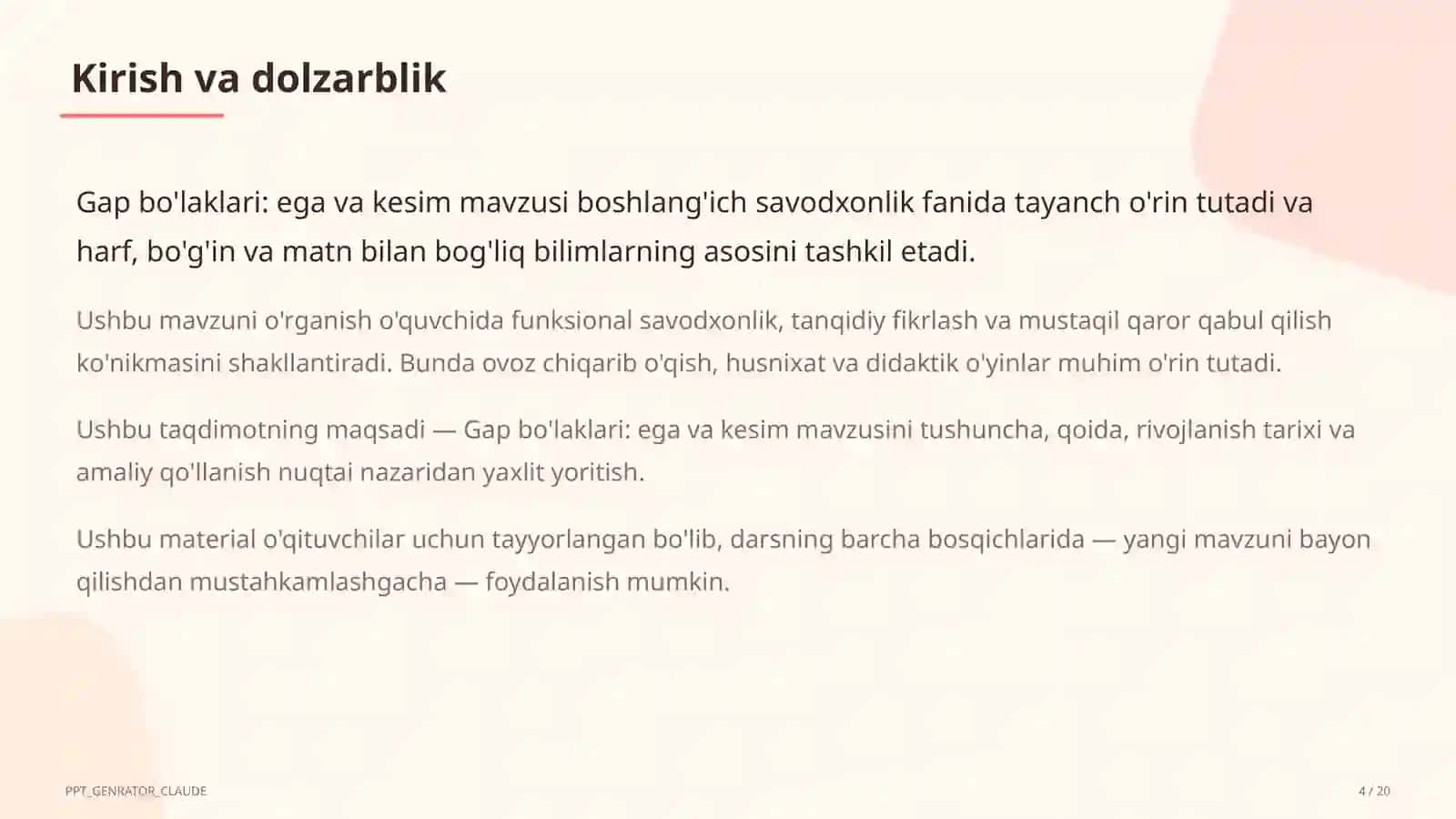 Gap bo'laklari: ega va kesim (4-sinf) 4