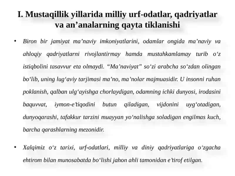 MUSTAQILLIK YILLARIDA O‘ZBEKISTONDAGI MAʼNAVIY VA MADANIY TARAQQIYOT 4