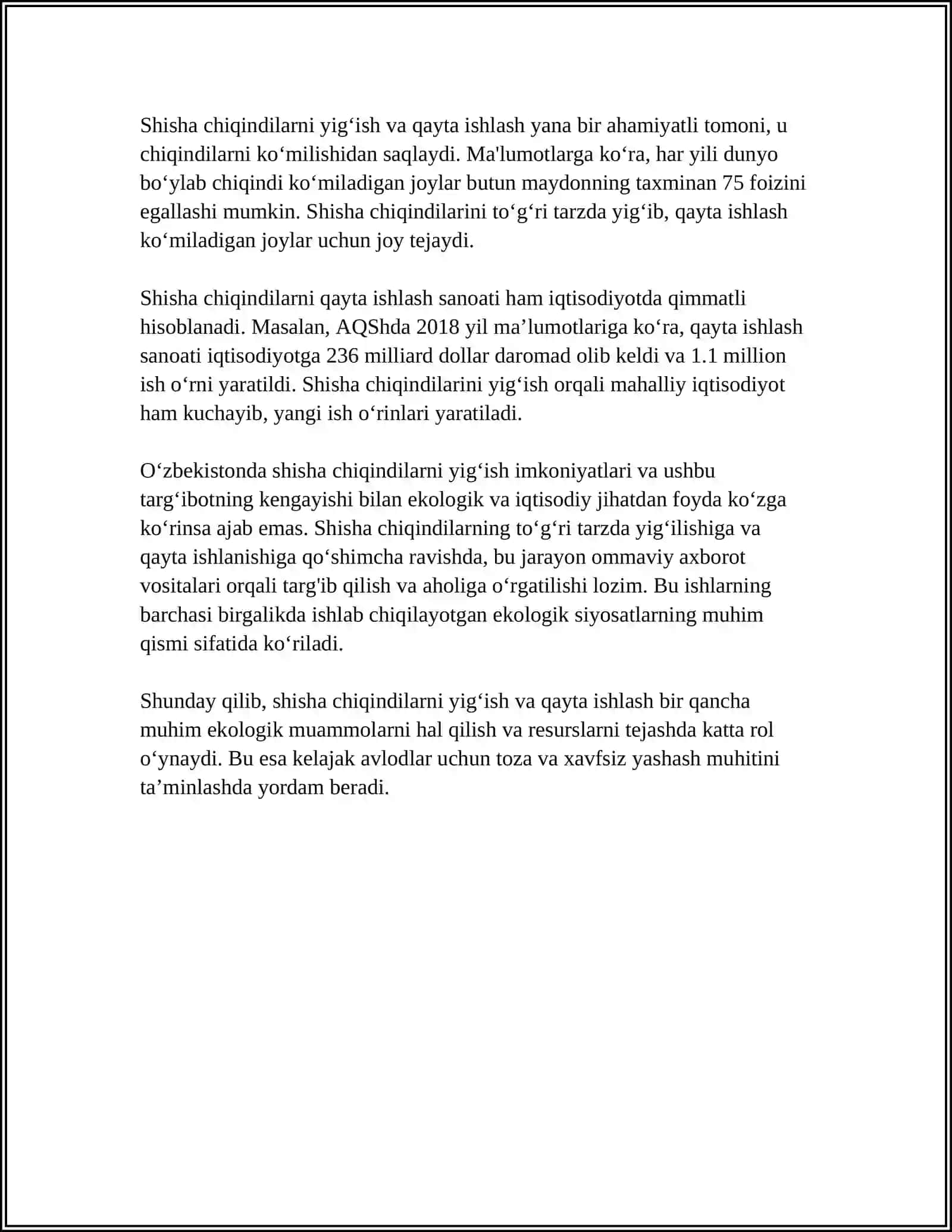 SHISHA CHIQINDILARNI YIGʻISH VA QAYTA ISHLASH MAVZUSIDA MUSTAQIL ISH 20BETLIK 4
