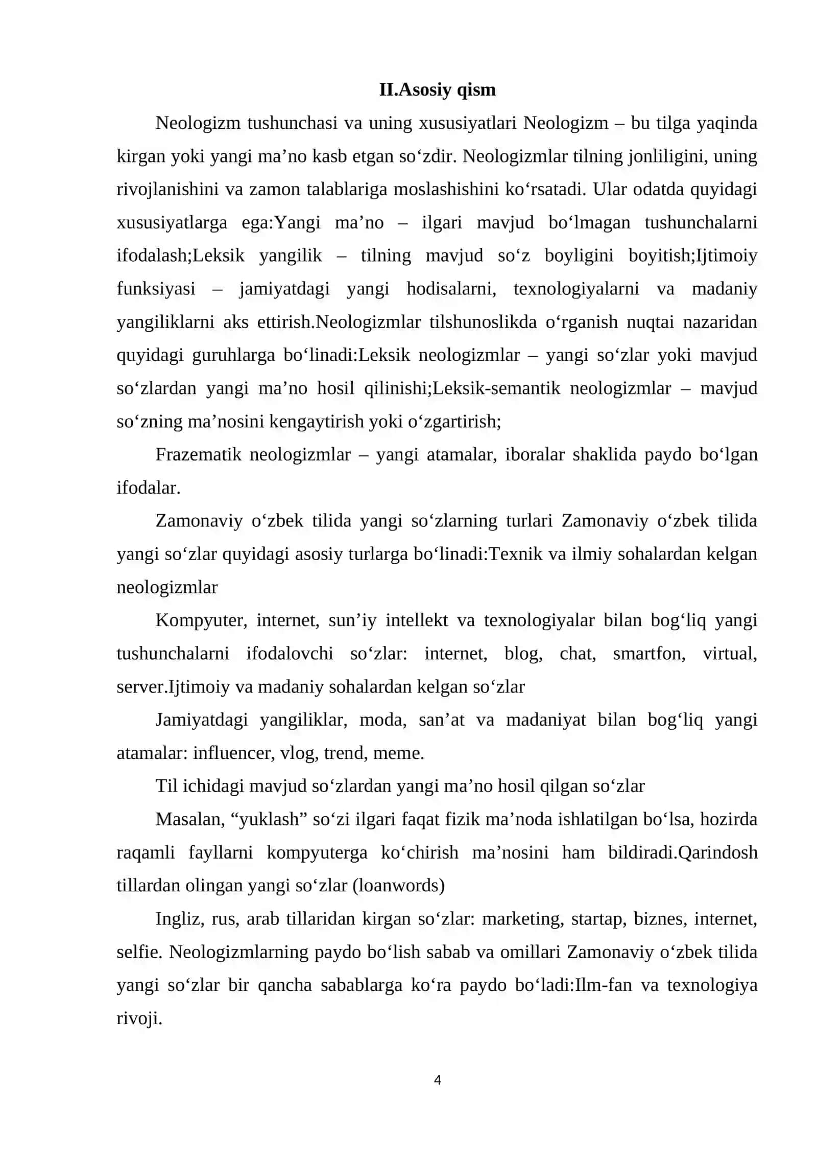 ZAMONAVIY O'ZBEK TILIDA YANGI SO'ZLAR (NEOLOGIZMLAR) VA ULARNING PAYDO BO'LISH SABABLARI 4