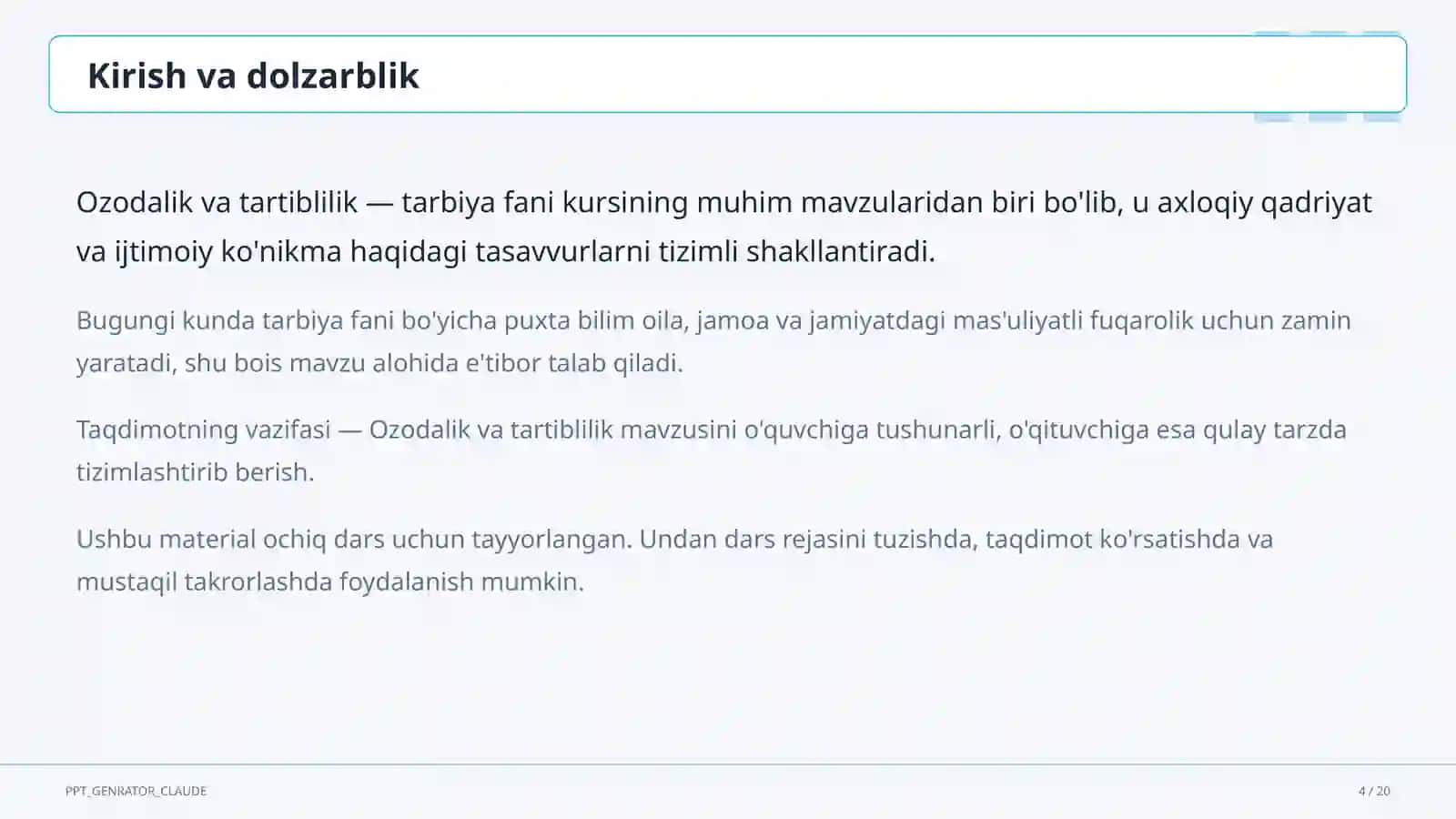 Tarbiya fani (1–11) — ochiq dars uchun 4