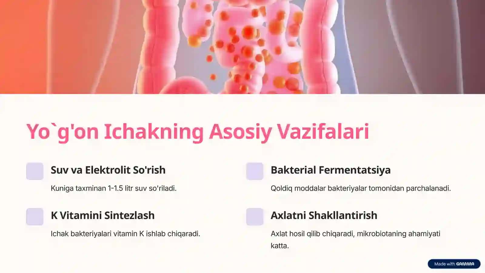 Palonchiyev Pistonchini Biokimyofanidan "Yog‘onichakvazifalari, Kronkasalligivaoilaviypolipozyaralikolitrivojlanishiningbiokimyoviyasoslari.Diareyavaqabziyatdaqõllaniladigandorivositalari." 4