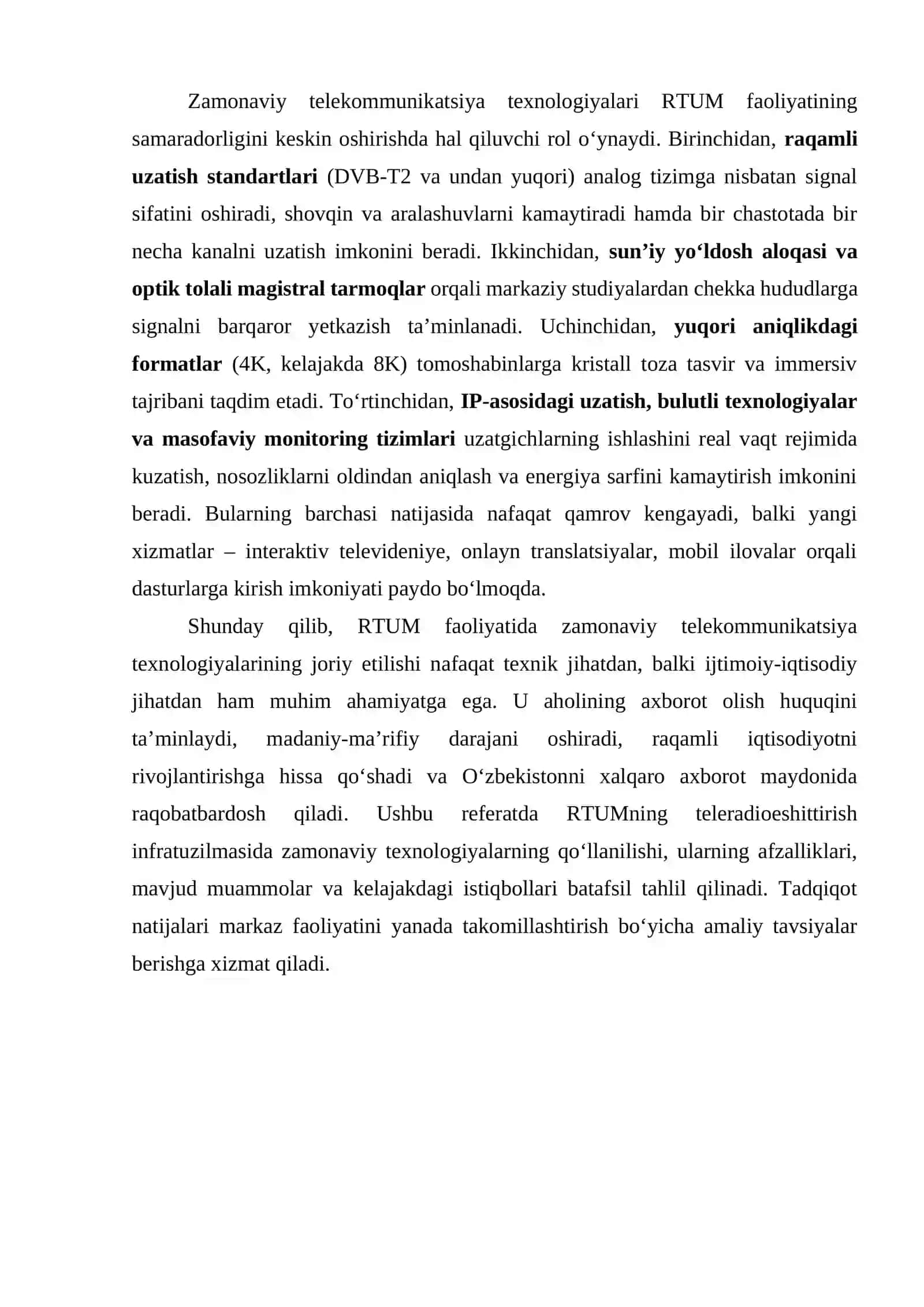 RTUM faoliyatida zamonaviy telekommunikatsiya texnologiyalarining ahamiyati Akademik yozuv 1 fanidan qayta o’qish uchun referat 4