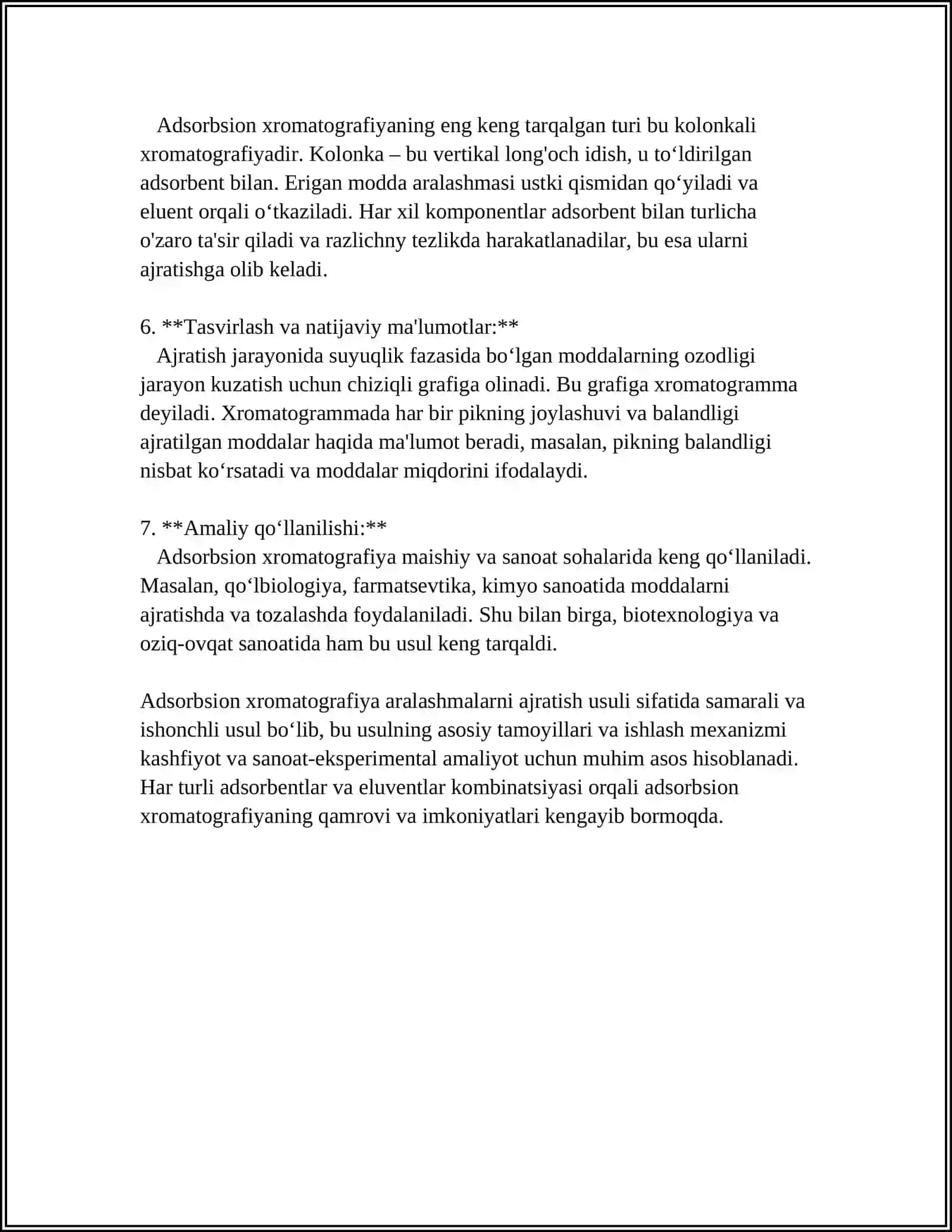 ADSORBSION XROMATOGRAFIYA. ION ALMASHINUV XROMATOGRAFLARI. QOGʻOZ XROMATOGRAFIYASI.QOLDIQLI XROMATOGRAFIYA 4