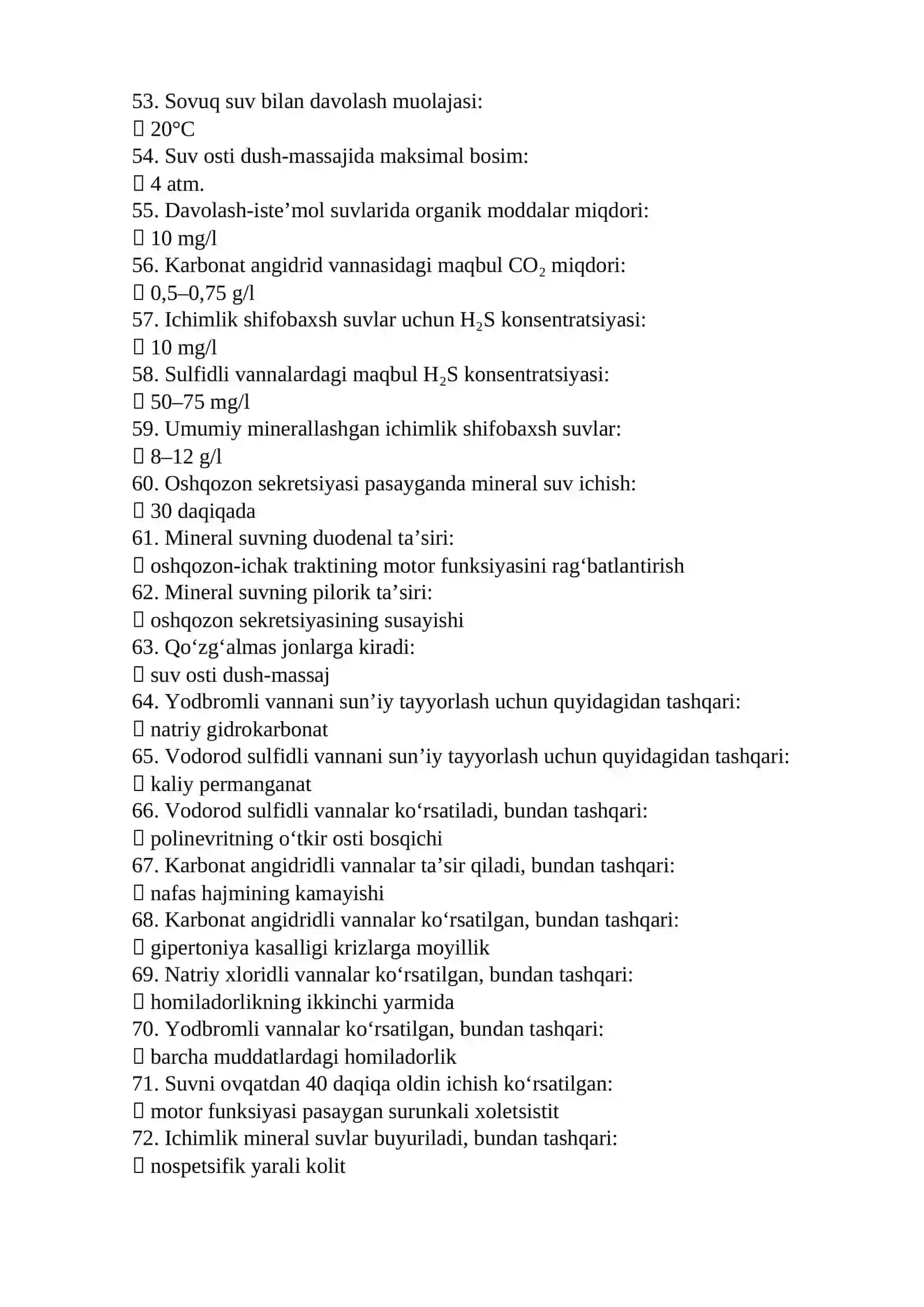 Reabilitalogiya (davolash fizkulturasi, kurortologiya, fizioterapiya) mutaxassisligi bo'yicha shakllantirilgan test savollari ro'yxati 4