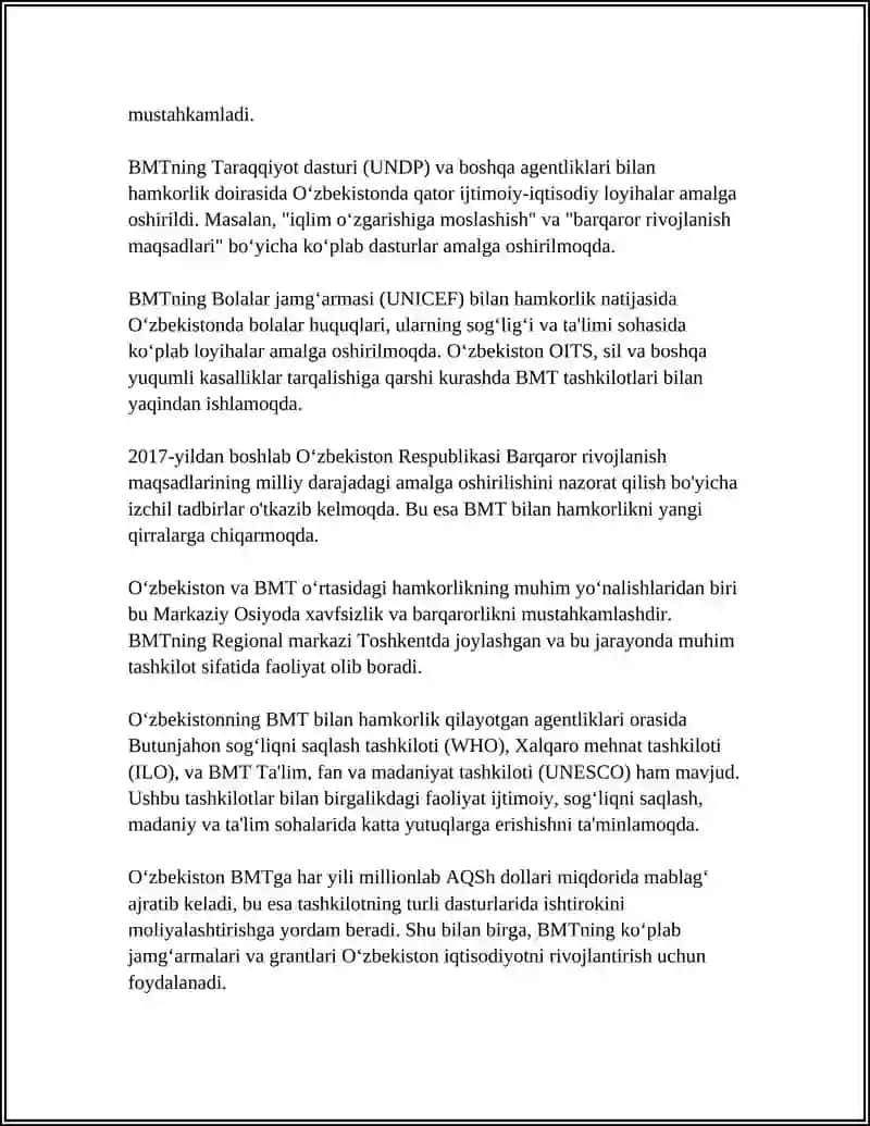 OʻZBEKISTON XALQARO TASHKILOTLAR BILAN HAMKORLIK ALOQALARI (BMT,YUNESKO,MTXLIGI MISOLIDA) 4