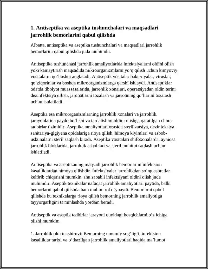 ANTISEPTIKA VA ASEPTILA ASOSLARINI ORGANISH XIRURGIK BEMORLARNI QABUL QILISHDA SANITAR ISHLOV BERISHNINH AXAMIYATI 4