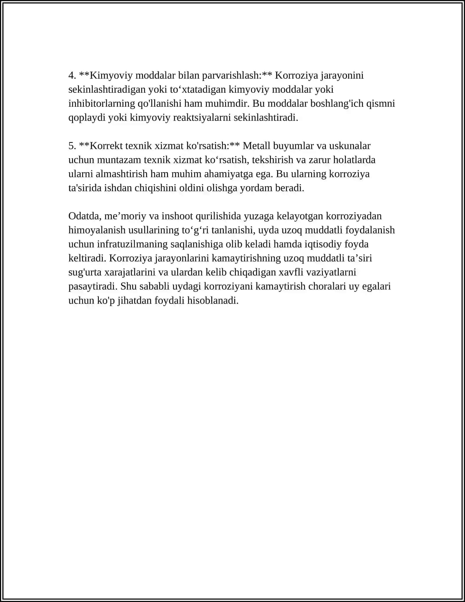 UYDA KOROZIYANI KAMAYTIRISH YOʻLLARI REFERAT TAYYORLAB BER 4