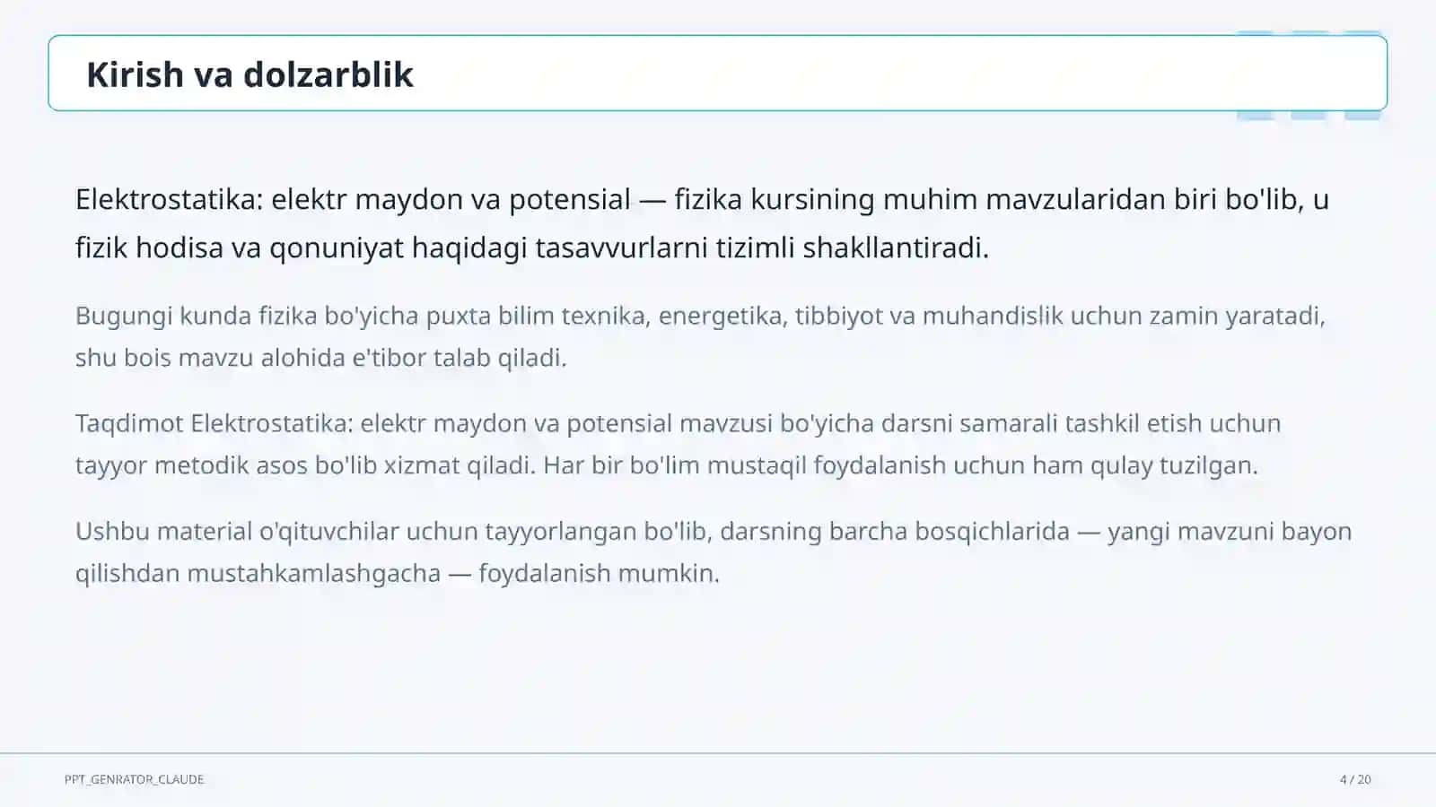 Elektrostatika: elektr maydon va potensial (10-sinf) 4