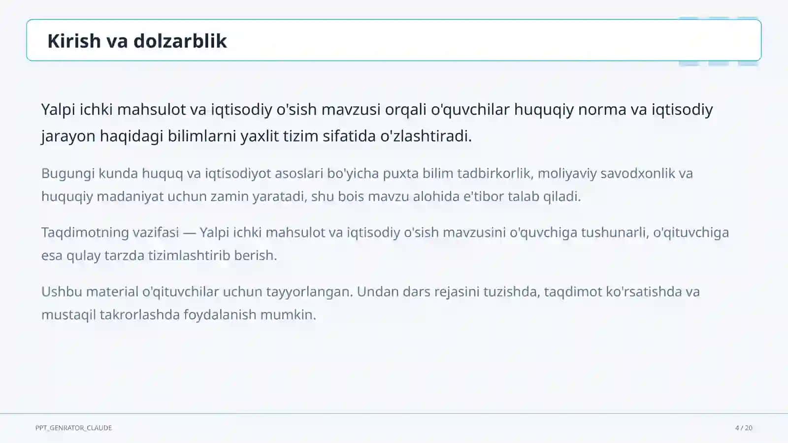 Huquq va iqtisodiyot asoslari (9–11) — o'qituvchilar uchun 4