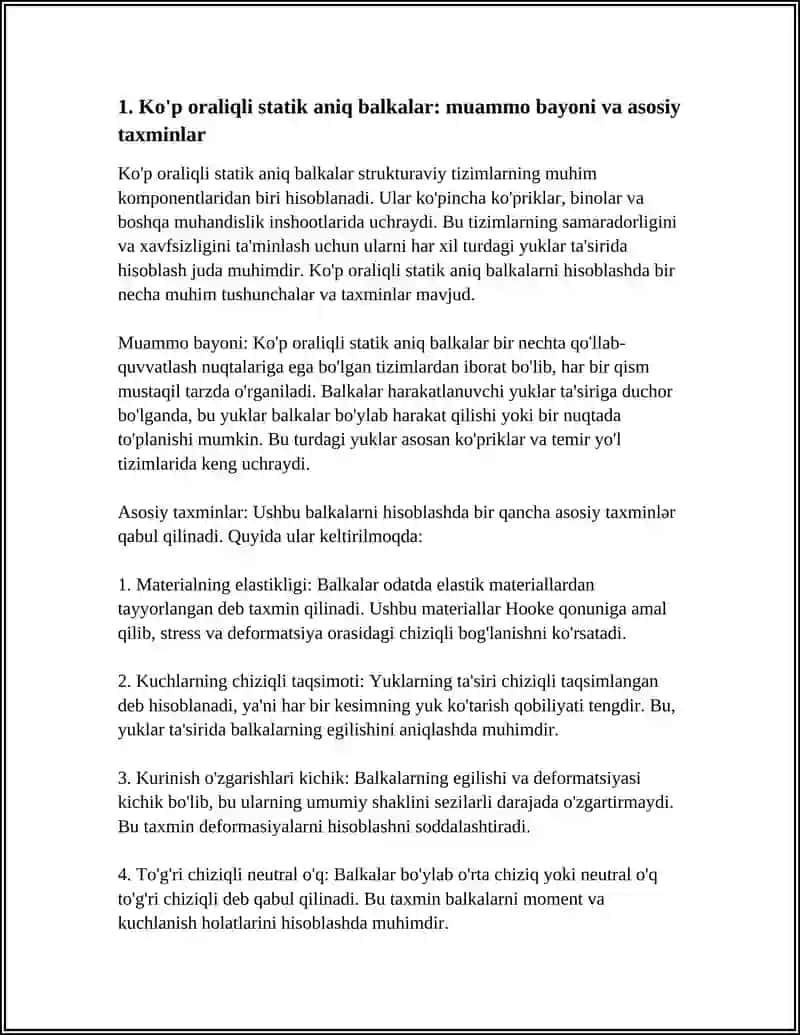 KO'P ORALIQLI STATIK ANIQ BALKALARNI HARAKATLANUVCI YUKLAR TA'SIRGA HISOBLASH 4