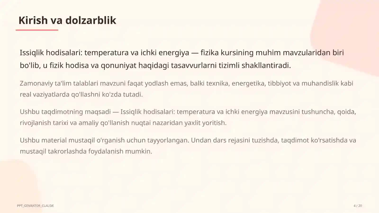 Issiqlik hodisalari: temperatura va ichki energiya (8-sinf) 4