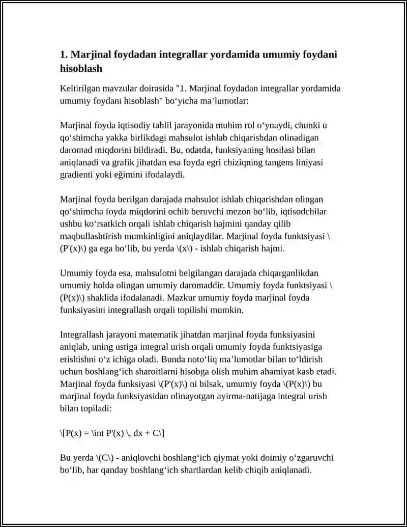 FOYDA, XARAKAT VA BOSHQA IQTISODIY KO'RSATKICHLAR TAHLILI INTEGRAL HISOB TATBIQLARI 4