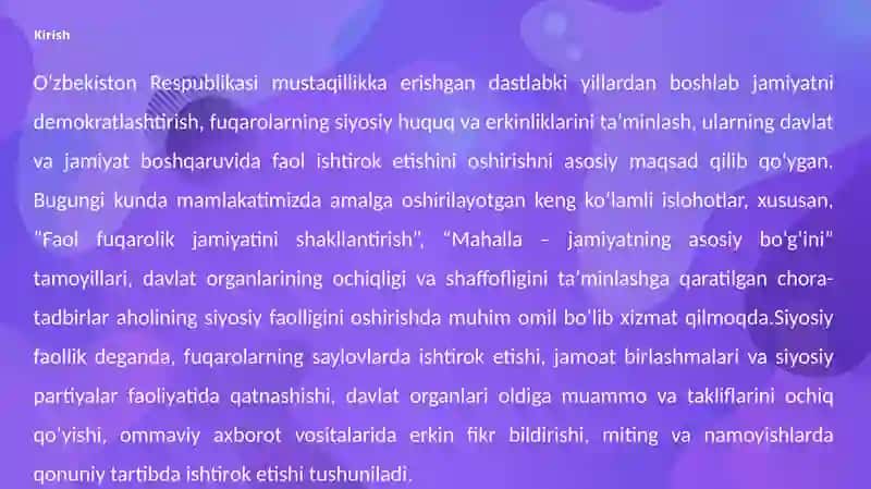 O'zbekistonda Aholini siyosiy faolligini kuchaytirish va siyosiy madaniyatni oshirish 4