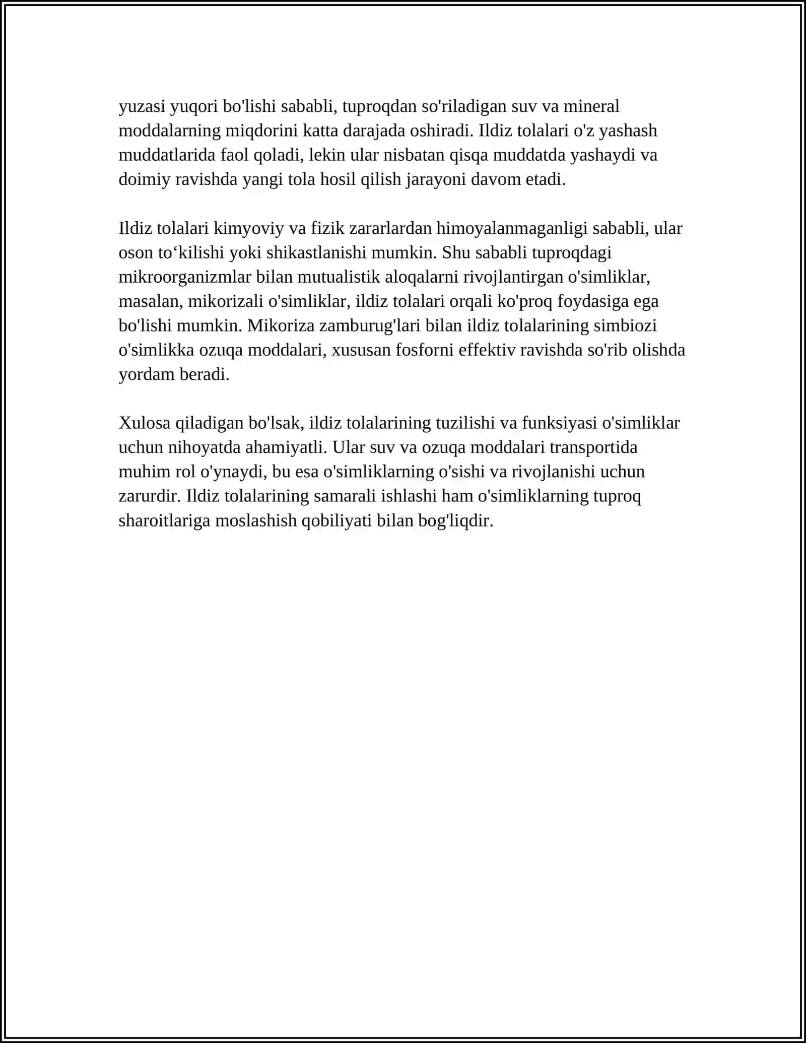 MUSTAQIL ISH Mavzu: OʻSIMLIKLARNING ILDIZIDAN OZIQLANISHIDA ILDIZ TOLALARI ROLI 4