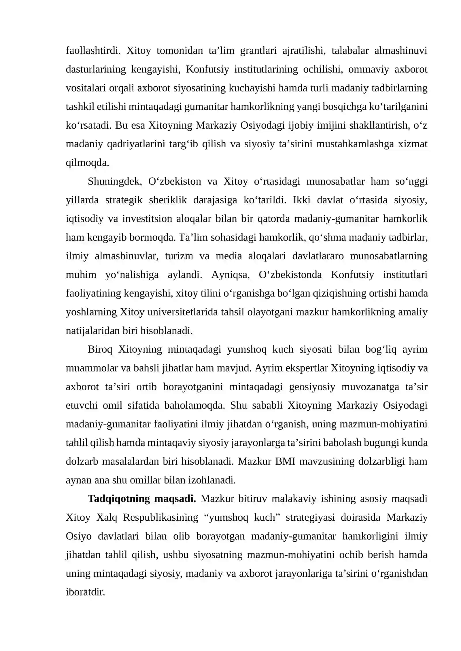 Xitoy Xalq Respublikasining yumshoq kuch siyosati doirasida Markaziy Osiyo davlatlari bilan olib borayotgan madaniy-gumanitar hamkorligi 4