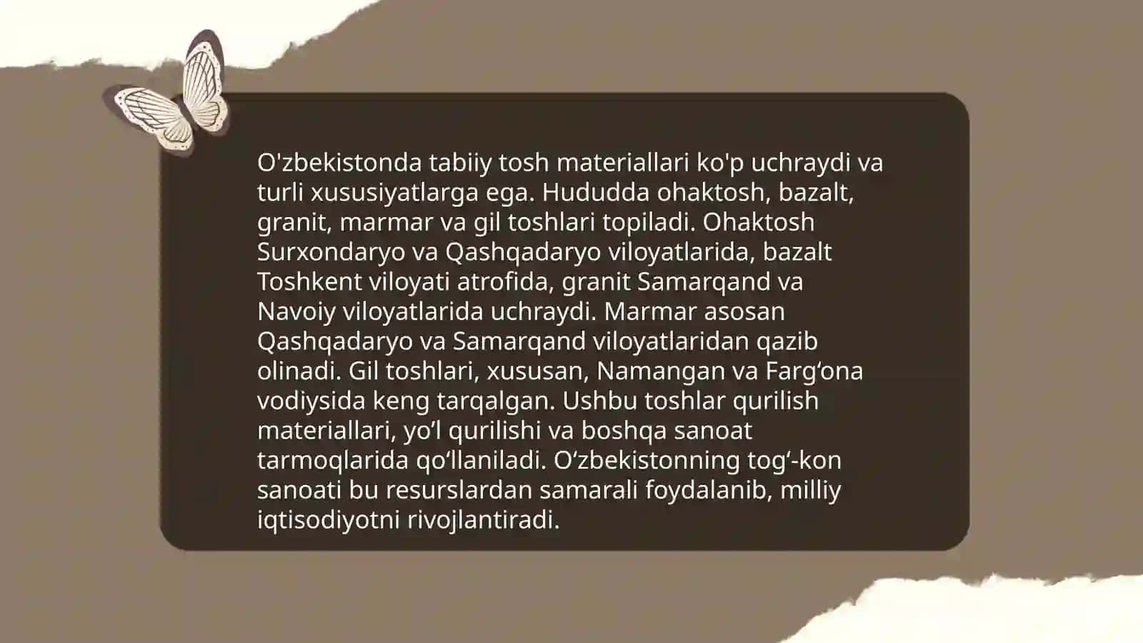 O'zbekistonda tabiiy pardozbop tog' jinslari geologiyasi,tabiiy pardozbop tosh materiallarining zaxiralari ularni qazib olish tartiblari va texnalogiyalar,Xorijiy davlarda tabiiy tosh materiallari 4