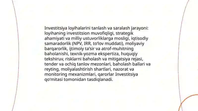 Oʻzbekiston tiklanish va taraqqiyot jamgʻarmasi mablagʻlari hisobiga investitsiya loyihalarini moliyalashtirish 4