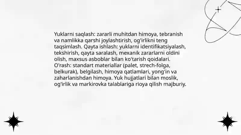 Yuklarni tashish, ortishi, tushirish va qayta ishlash shartlari 4