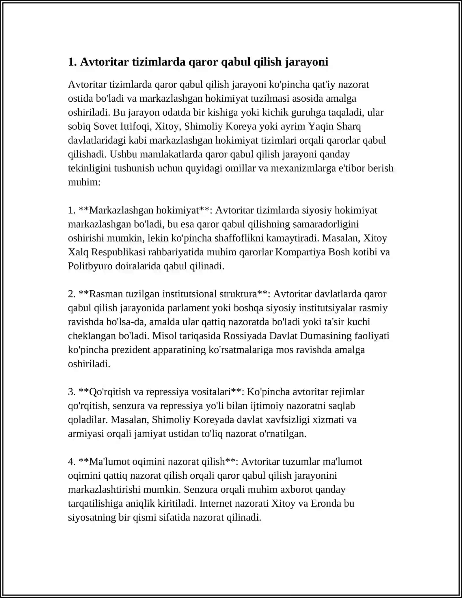 AVTORITAR VA DEMOKRATIK TIZIMLARDA QAROR QABUL QILISH MODELLARINING SOLISHTIRILISHI VA GEOSIYOSIY ZIDDIYATLARNI SIMULYATSIYA QILISH: O‘YIN NAZARIYASIDAN FOYDALANISH 4