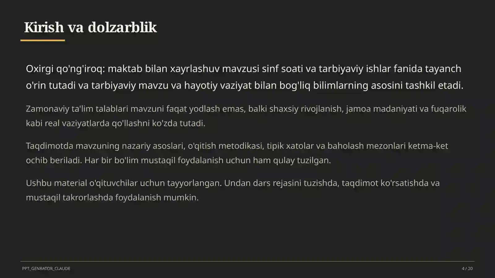 Sinf soati va tarbiyaviy tadbirlar (1– 11) — o'qituvchilar uchun 4