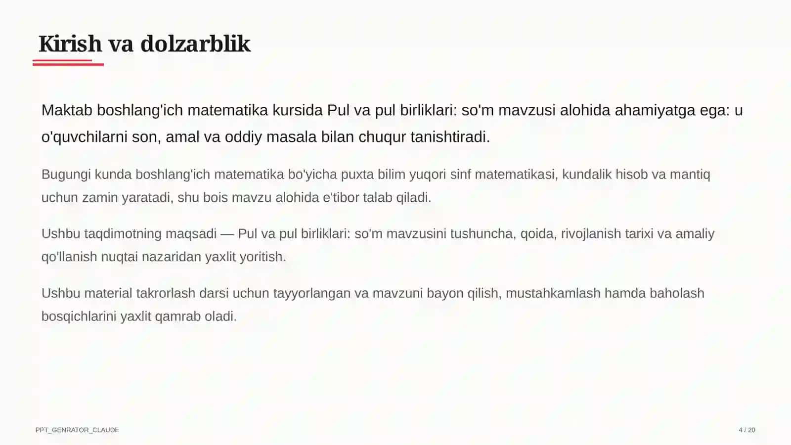 Pul va pul birliklari: so'm (2-sinf) 4